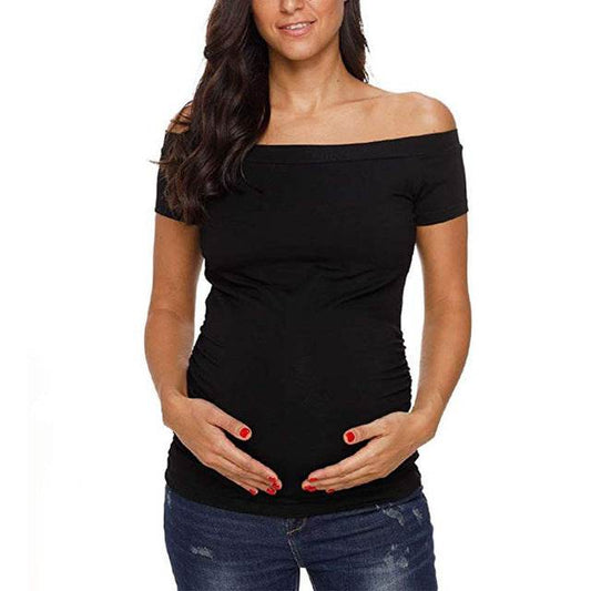 Off Shoulder Short Sleeve Side Ruched Pregnancy T-Shirt Classic Summer Clothes Pregnant Mama - Mubimart