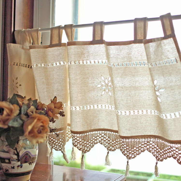 Old Coarse Cotton Linen Crochet Coffee Rod Curtain - Mubimart - Shower curtain rod 