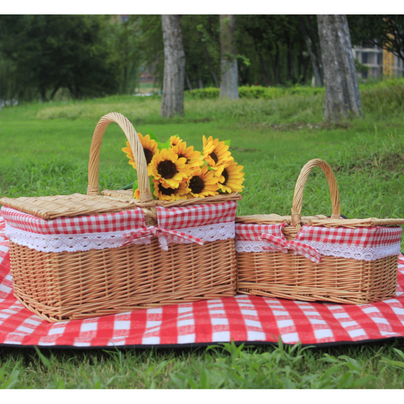 Outdoor Picnic Basket Wicker Hand Basket With Cover - Mubimart - Wicker basket 