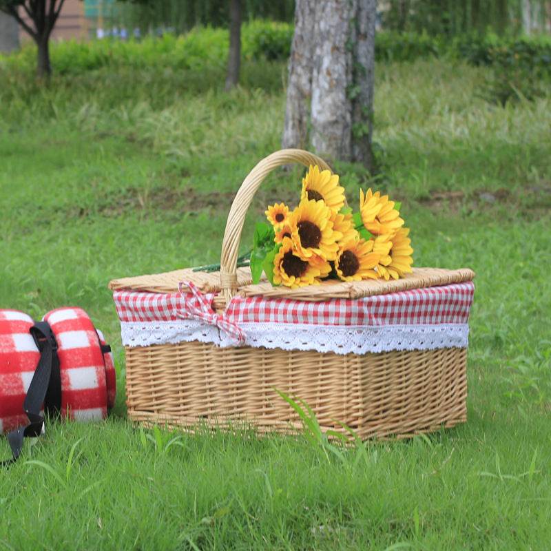 Outdoor Picnic Basket Wicker Hand Basket With Cover - Mubimart