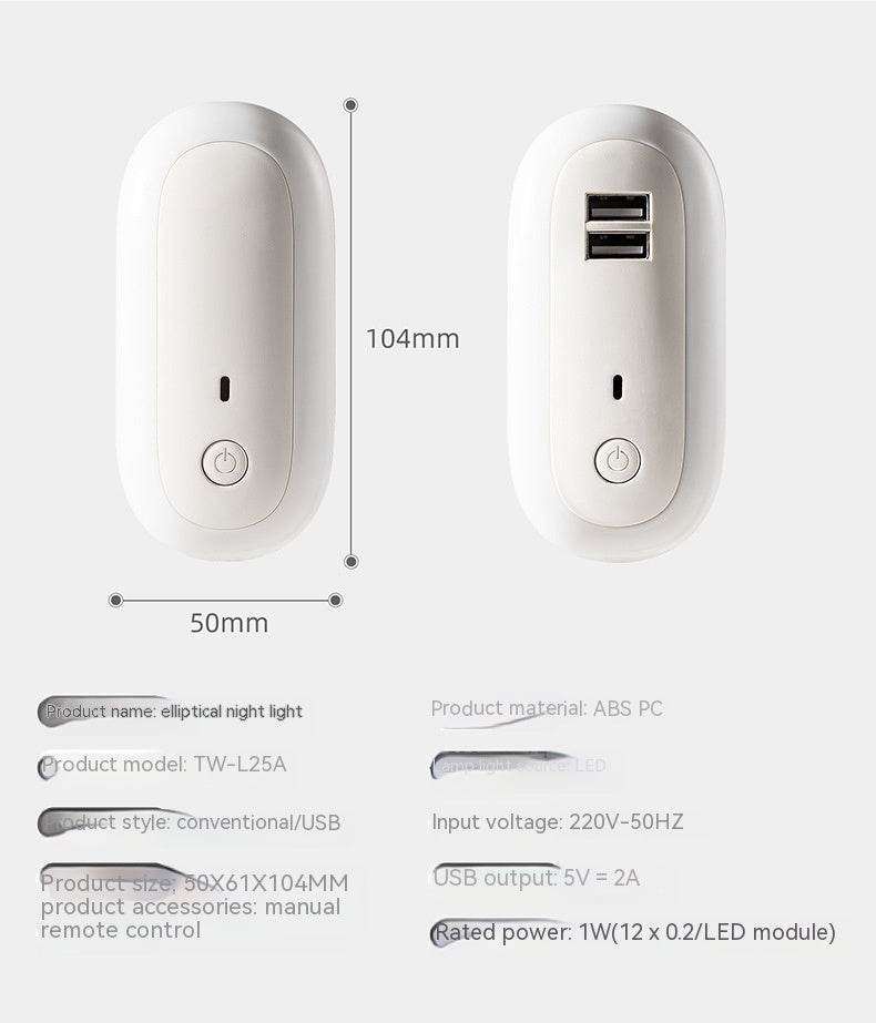 Oval Small Night Lamp With Dual USB Charging Port Remote Control Timing Plug-in Wall - Mubimart