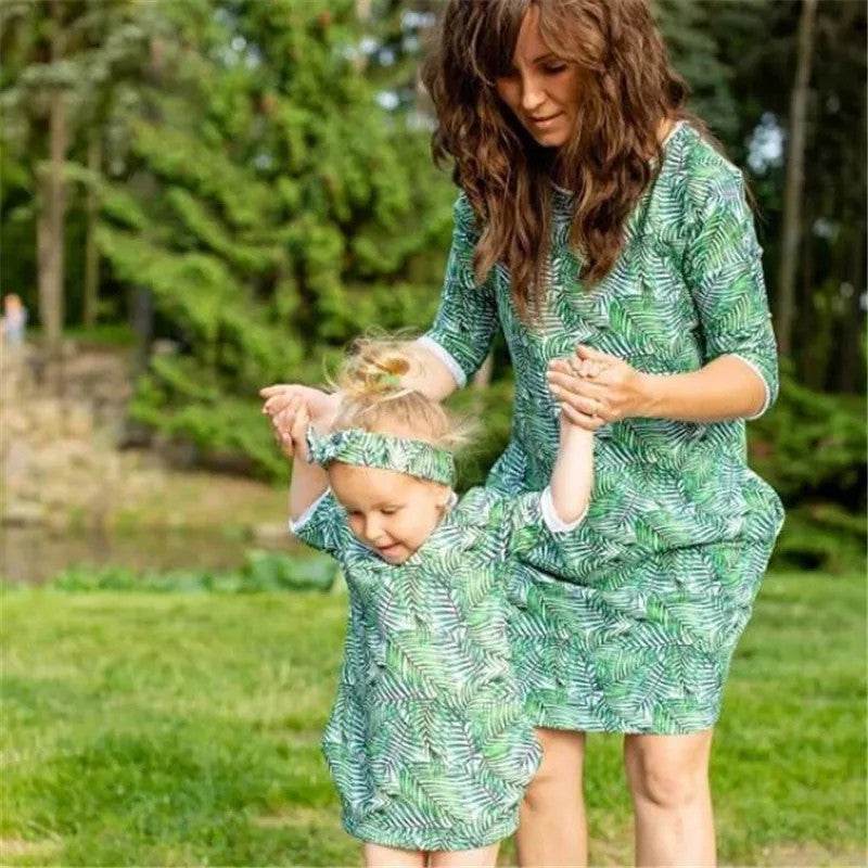 Parent-child skirt printed parent-child knee-length skirt - Mubimart