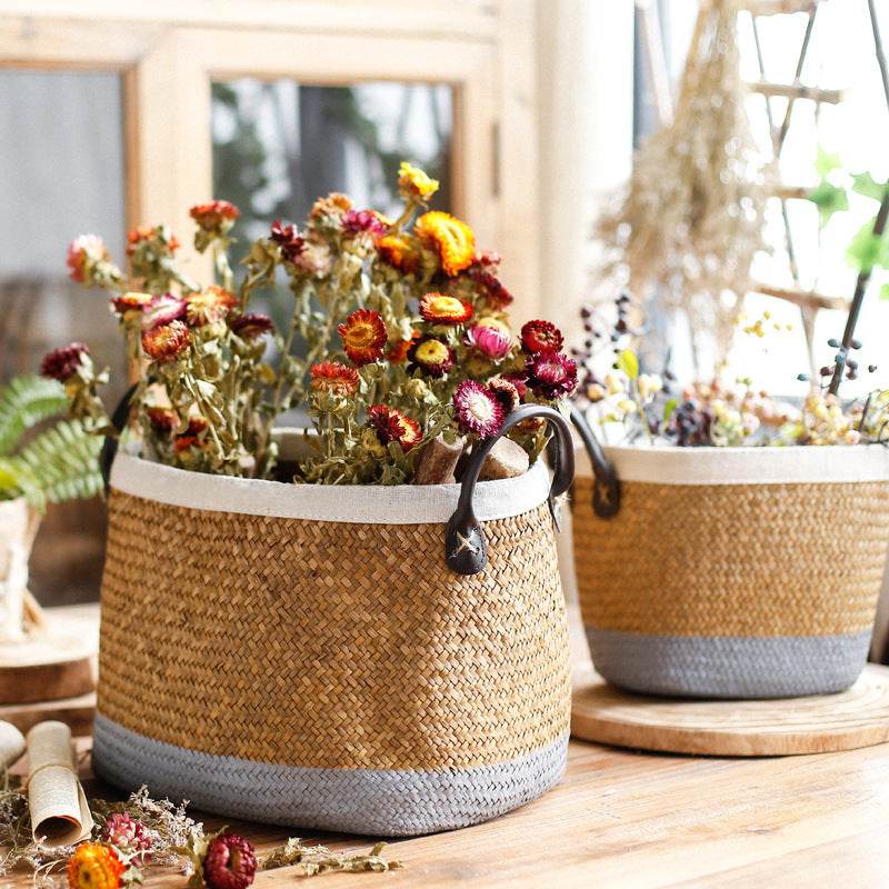 Pastoral Handmade Seagrass Basket Painted Linen Edge Flower Pot PU Handle Braided Basket Rattan Woven Basket Big Laundry Basket - Mubimart