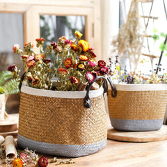 Pastoral Handmade Seagrass Basket Painted Linen Edge Flower Pot PU Handle Braided Basket Rattan Woven Basket Big Laundry Basket - Mubimart -  