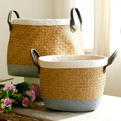 Pastoral Handmade Seagrass Basket Painted Linen Edge Flower Pot PU Handle Braided Basket Rattan Woven Basket Big Laundry Basket - Mubimart - Seagrass Basket 