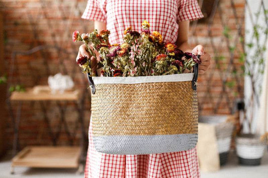 Pastoral Handmade Seagrass Basket Painted Linen Edge Flower Pot PU Handle Braided Basket Rattan Woven Basket Big Laundry Basket - Mubimart