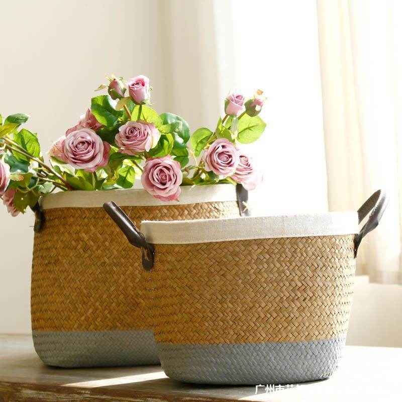 Pastoral Handmade Seagrass Basket Painted Linen Edge Flower Pot PU Handle Braided Basket Rattan Woven Basket Big Laundry Basket - Mubimart