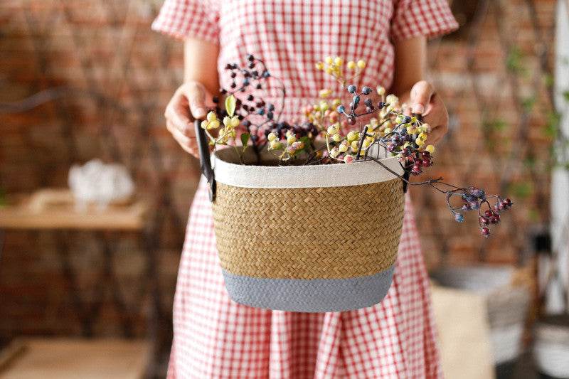Pastoral Handmade Seagrass Basket Painted Linen Edge Flower Pot PU Handle Braided Basket Rattan Woven Basket Big Laundry Basket - Mubimart