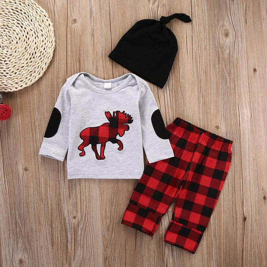 Plaid Moose Hat T-shirt Pants 3pcs Baby Outfit Set - Mubimart