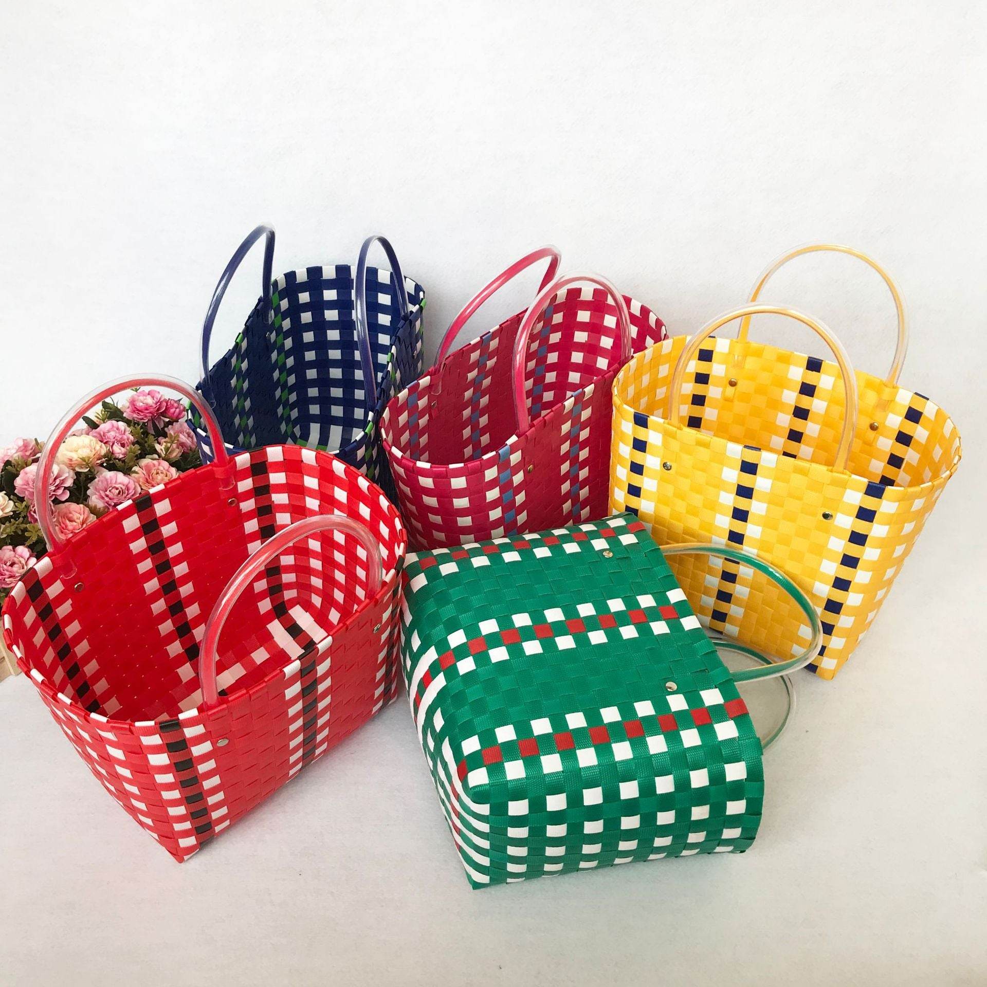 Plastic Vegetable Basket Hand-Woven Shopping Storage Basket Bath Bath Basket - Mubimart