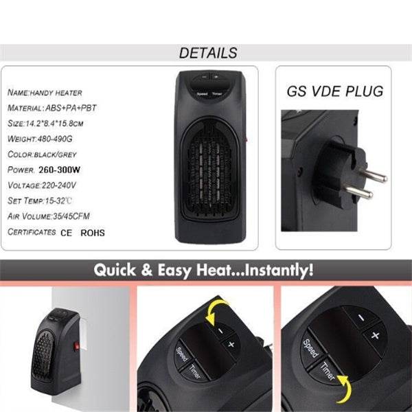 Portable Electric Wall Heater Plug and Play Heater Warmer Adjustable Thermostat Home - Mubimart
