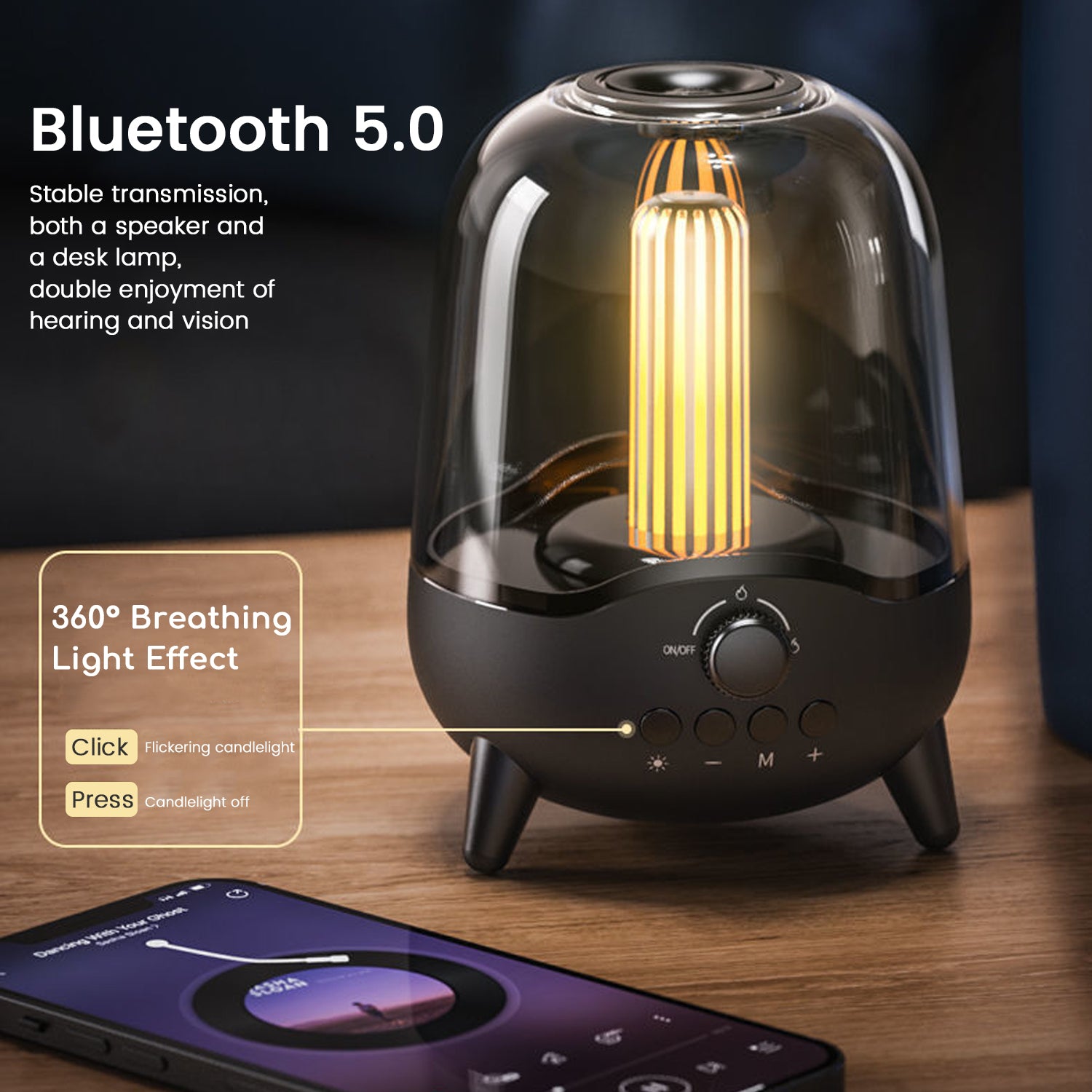 Portable Wireless Bluetooth 5.0 Speaker Flickering Ambient Light Speakers Table Lamp Stereo Sound Indoor Outdoor Night Lights - Mubimart -  