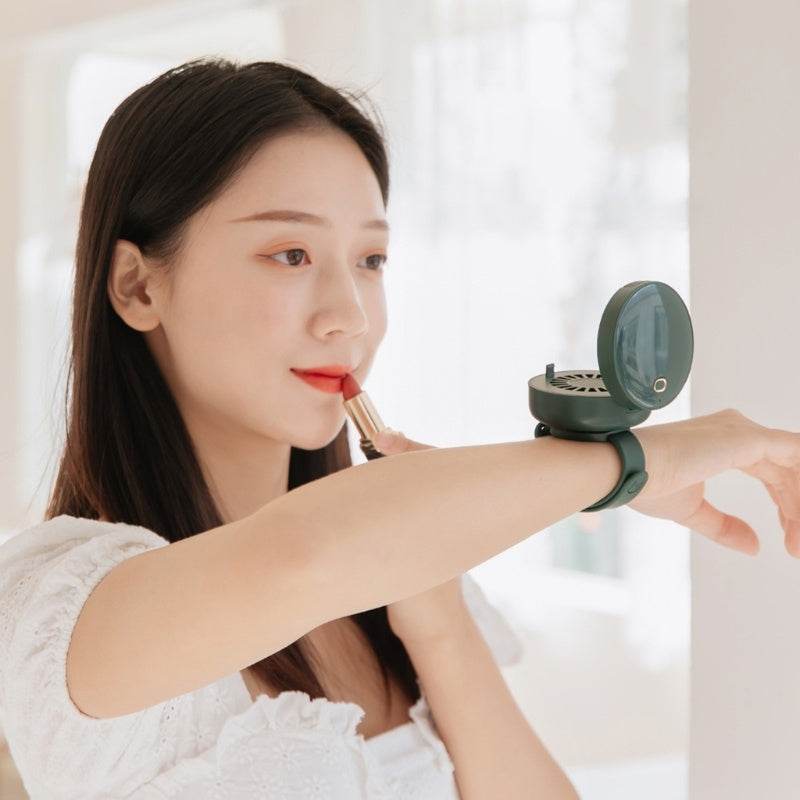 Portable Wrist Fan Mirror Leafless USB Rechargeable 3 Speed Adjustable Air Cooler Handheld - Mubimart