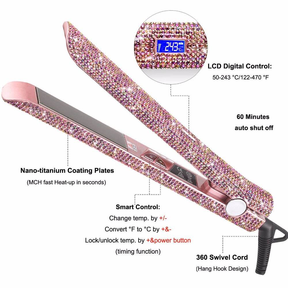 Professional Glitter Hair Flat Iron Titanium Plate Diamond Hair Straightener Crystal Hair Styling Hot Tools - Mubimart