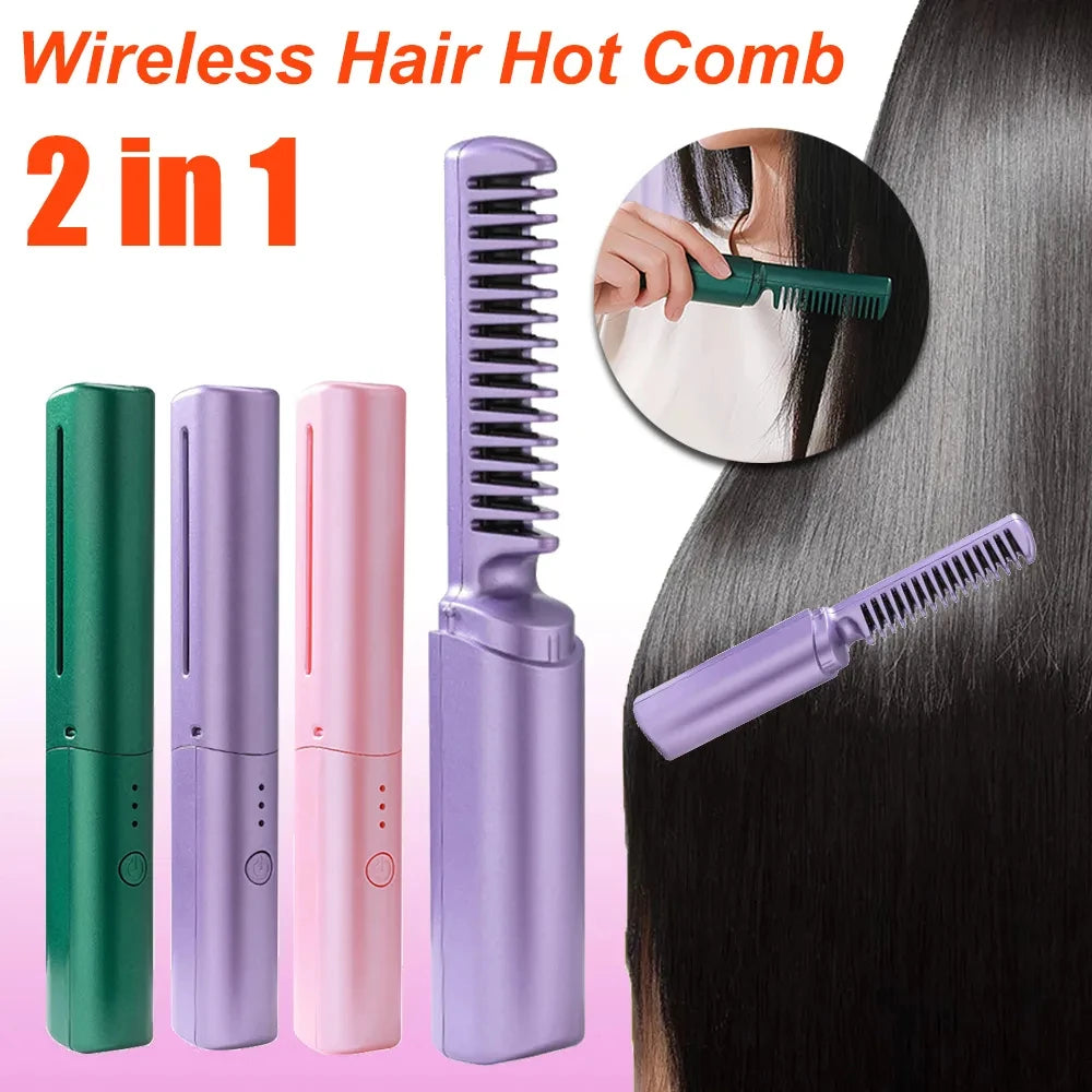 Professional Wireless Hair Straightener Curler Comb Fast Heating Negative Ion Straightening Curling Brush Hair Styling Tools - Mubimart - Hair Straightener 