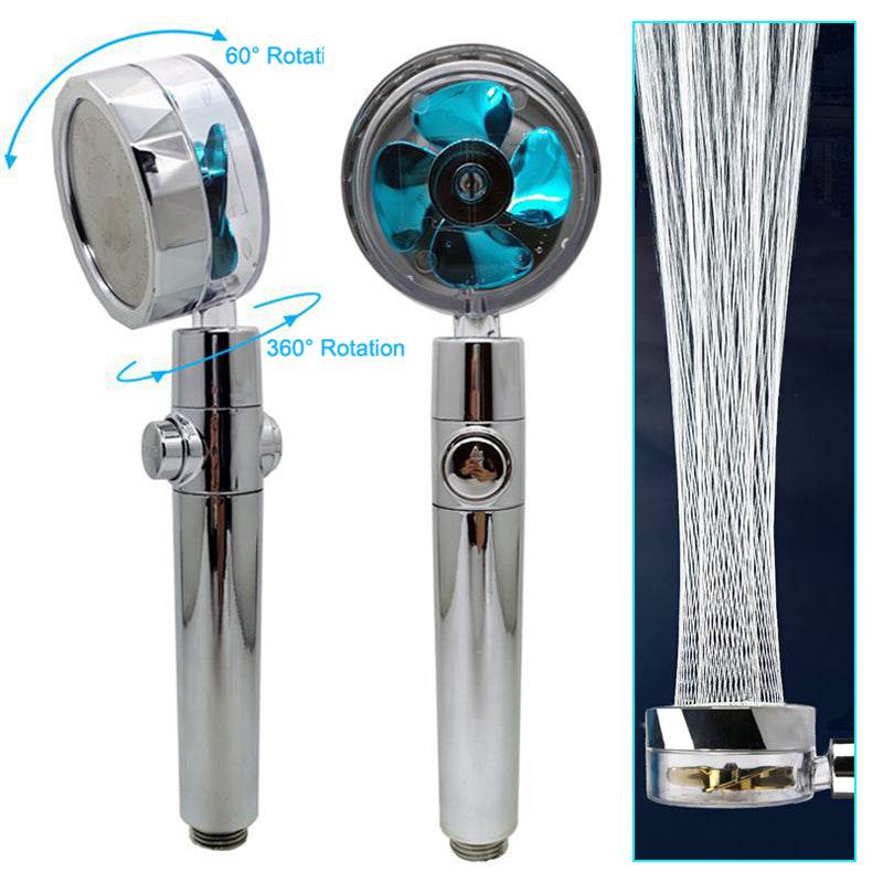 Propeller Driven Shower Head With Stop Button And Cotton Filter Turbocharged High Pressure Handheld Shower Nozzle - Mubimart