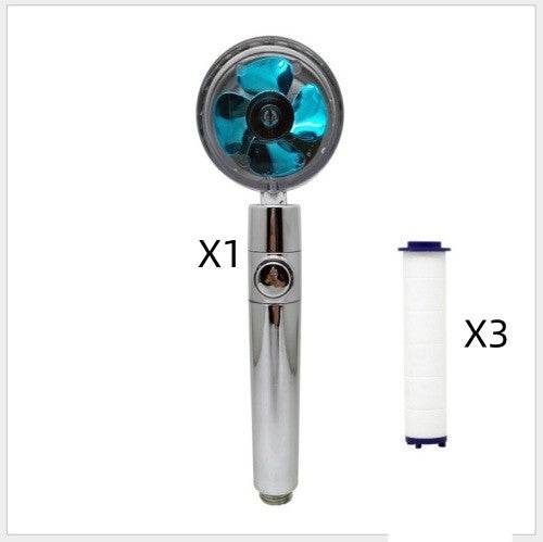 Propeller Driven Shower Head With Stop Button And Cotton Filter Turbocharged High Pressure Handheld Shower Nozzle - Mubimart