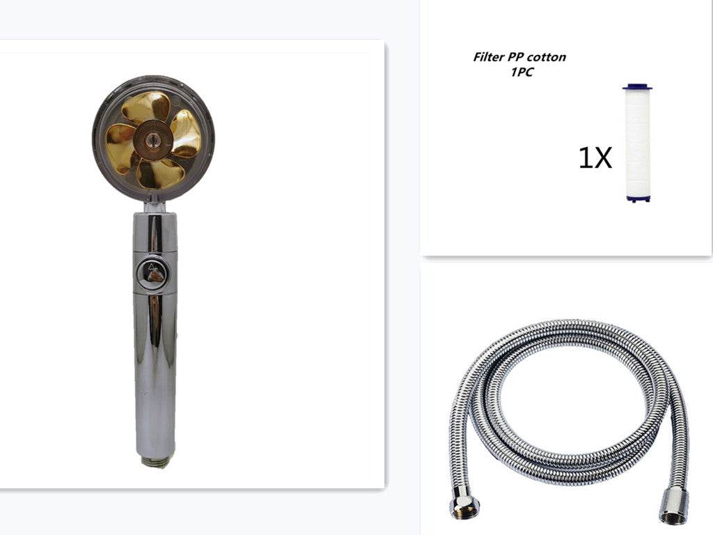Propeller Driven Shower Head With Stop Button And Cotton Filter Turbocharged High Pressure Handheld Shower Nozzle - Mubimart
