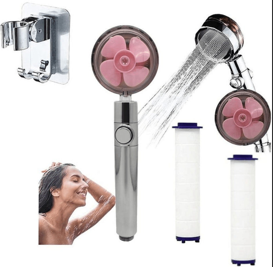 Propeller Driven Shower Head With Stop Button And Cotton Filter Turbocharged High Pressure Handheld Shower Nozzle - Mubimart