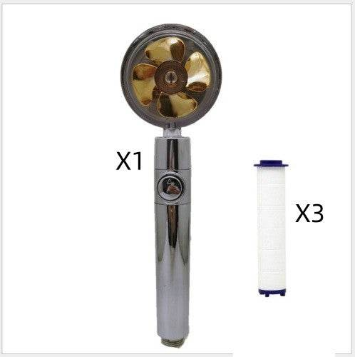 Propeller Driven Shower Head With Stop Button And Cotton Filter Turbocharged High Pressure Handheld Shower Nozzle - Mubimart