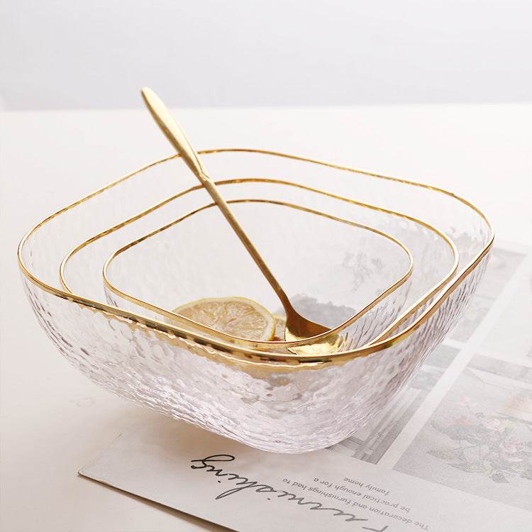 Quadrangle Glass Bowl Salad Bowl With Hammer Pattern In Gilt Edge - Mubimart