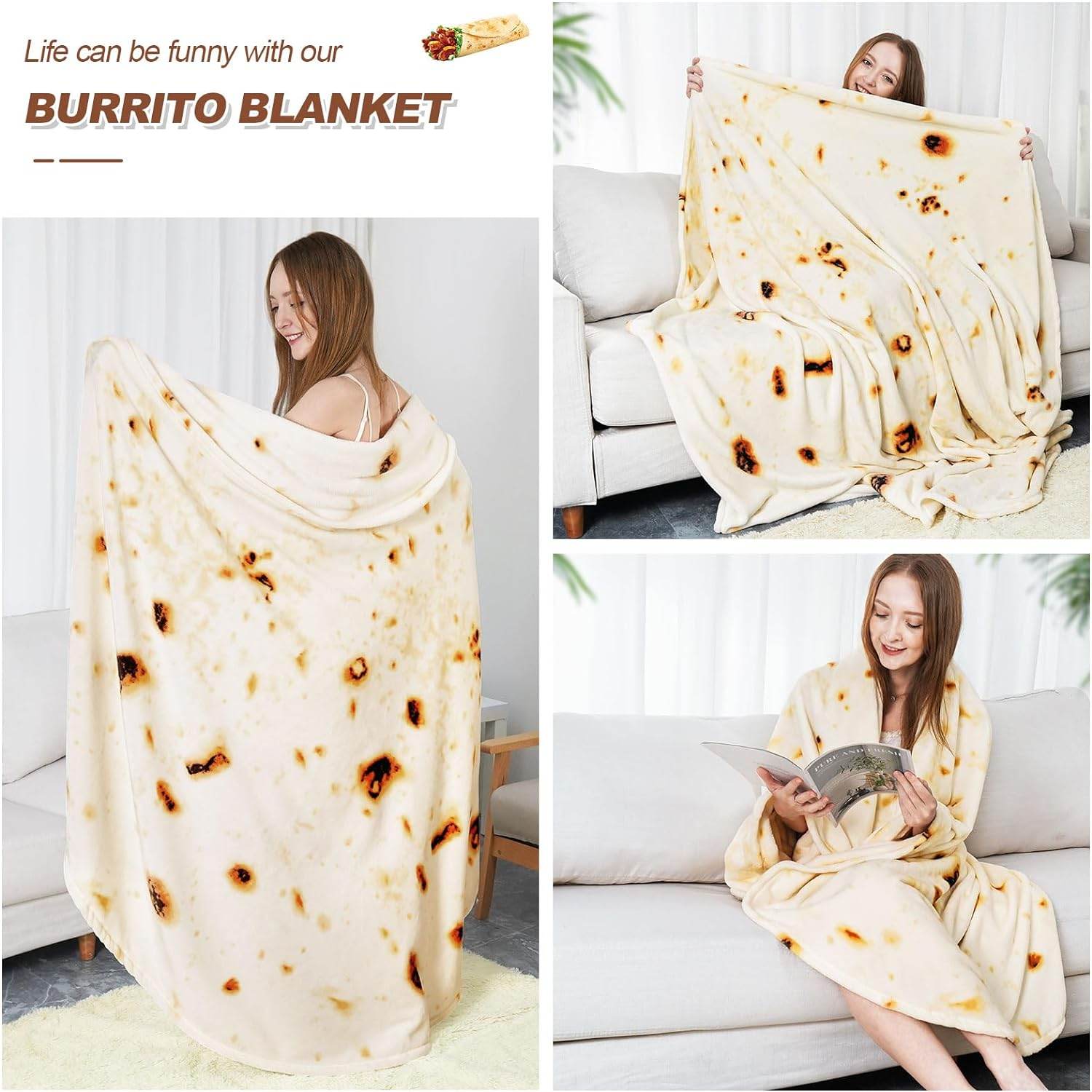 RAINBEAN 71IN Burritos Double Sided Blankets Adult Size, Tortilla Blanket For Kids, Cool Stuff Gifts For Man And Boys, Novelty Food Wrap Blanket, Taco Blankets For Birthday Gifts White Elephant - Mubimart