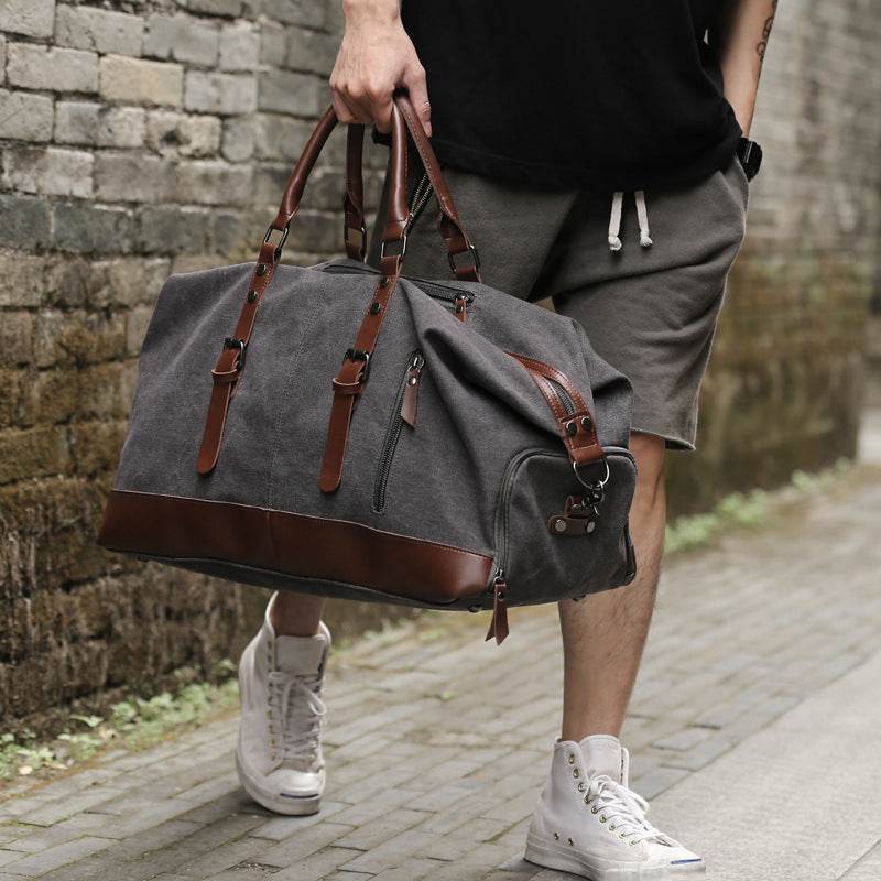 Retro canvas tote bag travel bag male fashion trend large capacity short-distance travel luggage bag shoulder bag male - Mubimart
