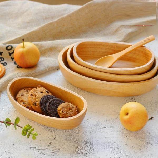 Rubber Wood Boat-shaped Oval Wooden Bowl Snack Breakfast Salad - Mubimart