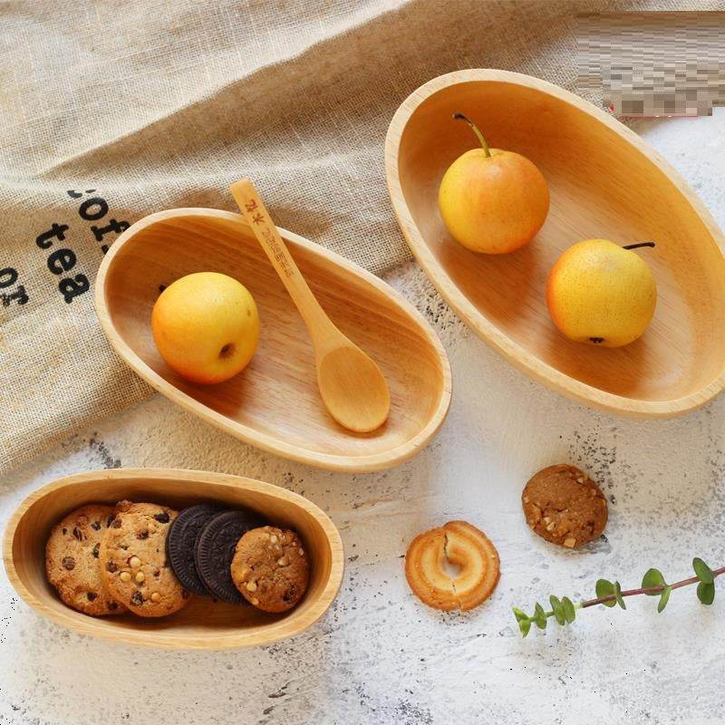 Rubber Wood Boat-shaped Oval Wooden Bowl Snack Breakfast Salad - Mubimart