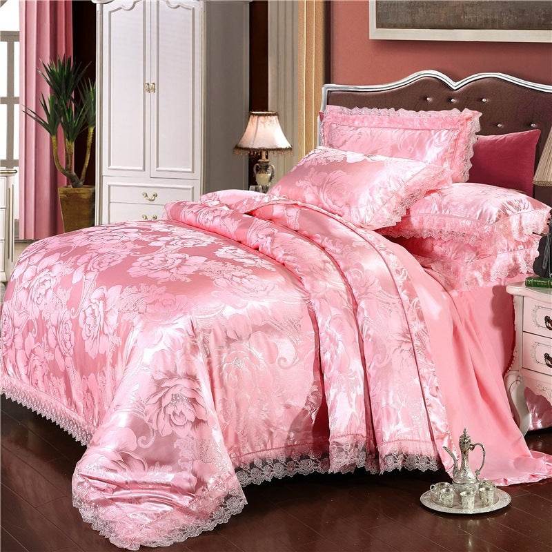 Satin Jacquard Three-Piece Fitted Sheet Set Bedding Set - Mubimart