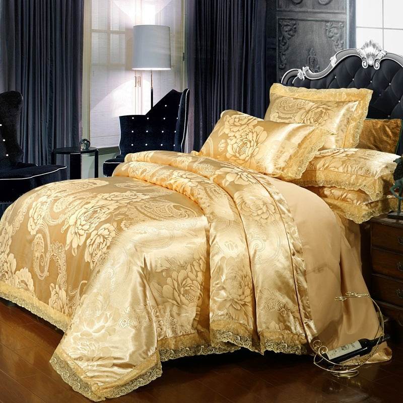 Satin Jacquard Three-Piece Fitted Sheet Set Bedding Set - Mubimart