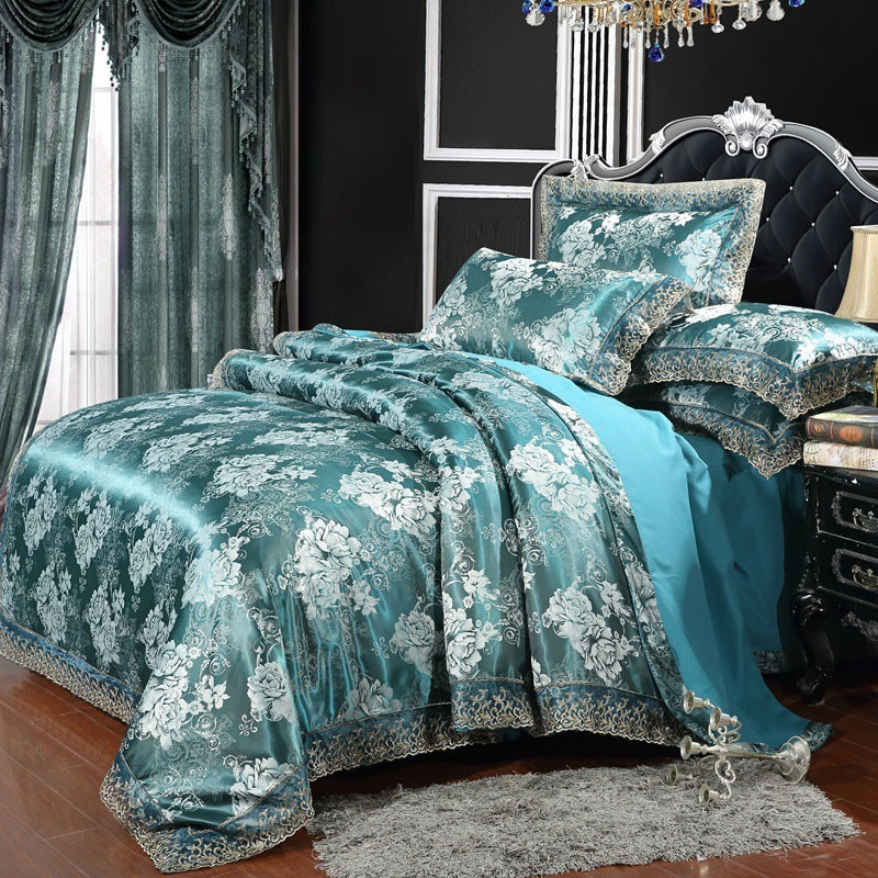 Satin Jacquard Three-Piece Fitted Sheet Set Bedding Set - Mubimart - Bedding Set 