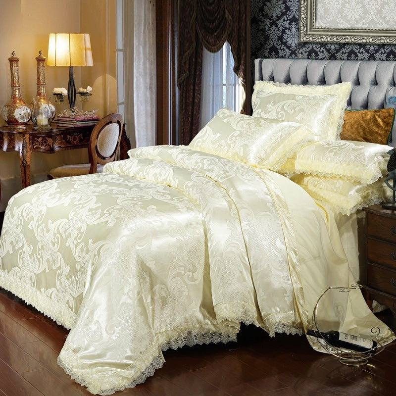 Satin Jacquard Three-Piece Fitted Sheet Set Bedding Set - Mubimart -  