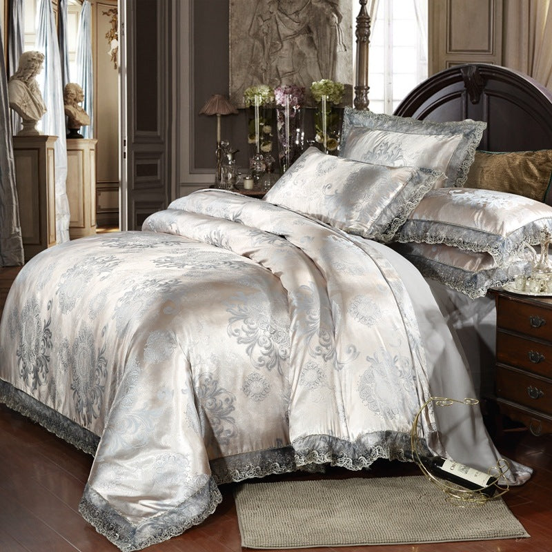 Satin Jacquard Three-Piece Fitted Sheet Set Bedding Set - Mubimart -  