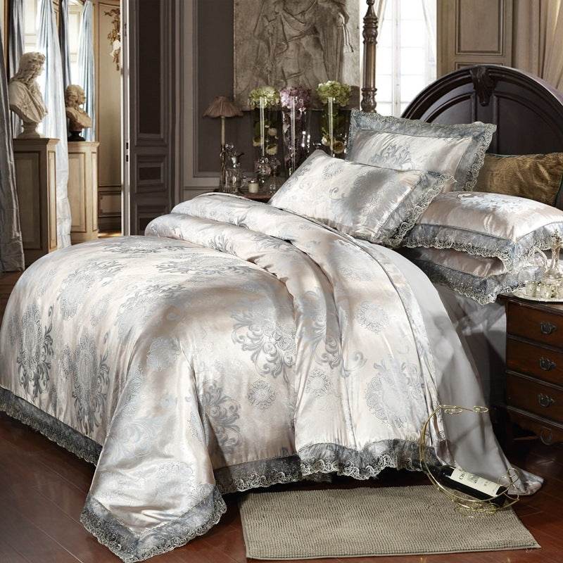 Satin Jacquard Three-Piece Fitted Sheet Set Bedding Set - Mubimart