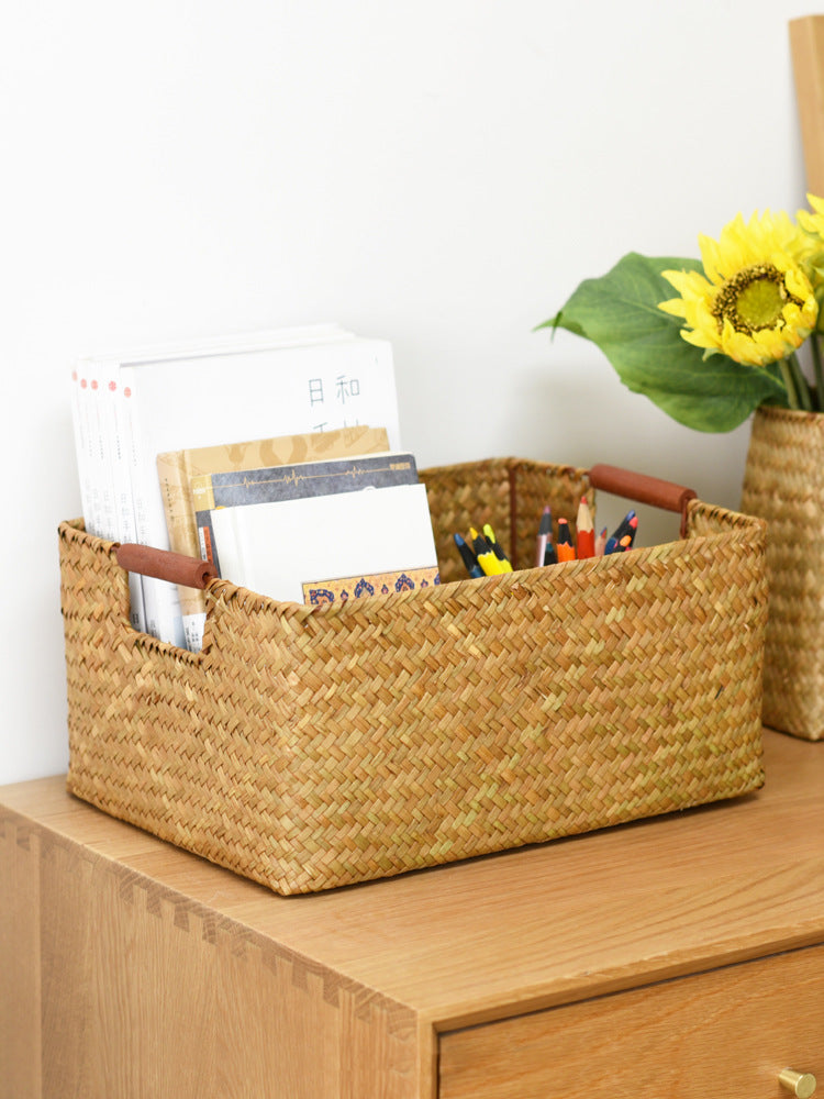 Seagrass Woven Solid Wood Storage Basket - Mubimart -  