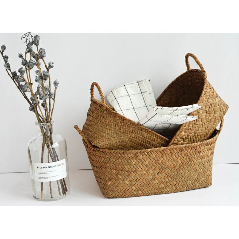 Seagrass Woven Table Top Coffee Table Living Room Storage Basket Binaural Handle - Mubimart