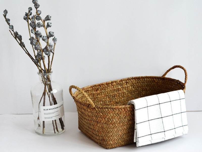 Seagrass Woven Table Top Coffee Table Living Room Storage Basket Binaural Handle - Mubimart