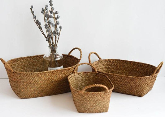 Seagrass Woven Table Top Coffee Table Living Room Storage Basket Binaural Handle - Mubimart