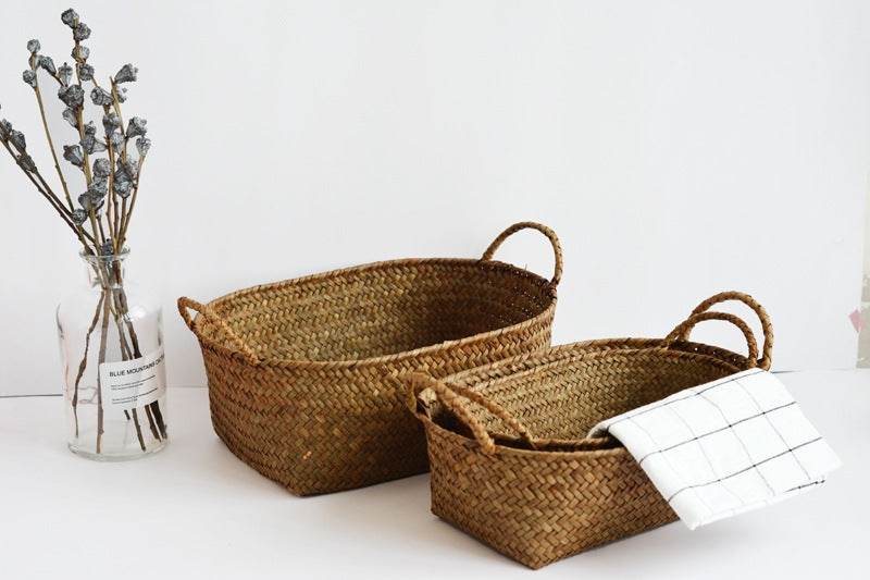 Seagrass Woven Table Top Coffee Table Living Room Storage Basket Binaural Handle - Mubimart