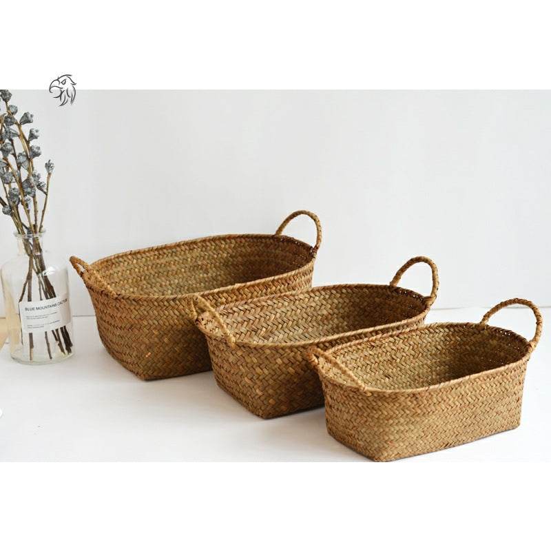 Seagrass Woven Table Top Coffee Table Living Room Storage Basket Binaural Handle - Mubimart