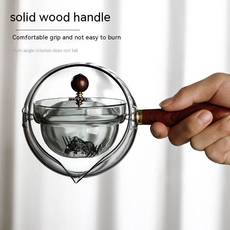 Semi-automatic Rotary Heat-resistant Glass Teapot Lazy Tea Making With Infuser And Wooden Handle Office Home Accessories Kitchen Gadgets - Mubimart