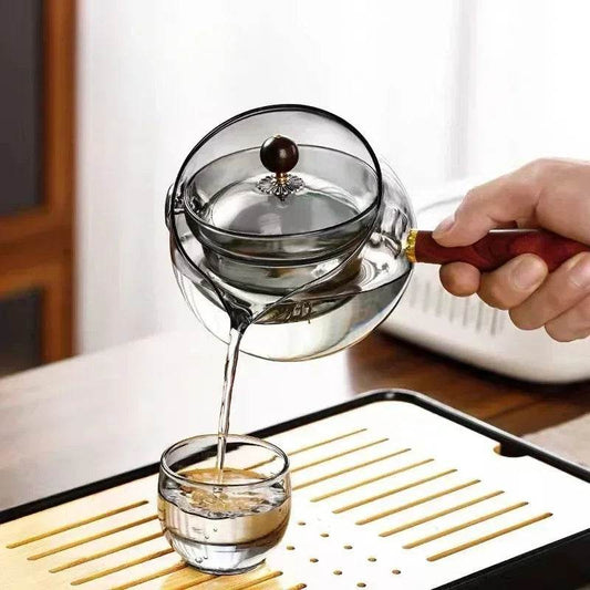Semi-automatic Rotary Heat-resistant Glass Teapot Lazy Tea Making With Infuser And Wooden Handle Office Home Accessories Kitchen Gadgets - Mubimart