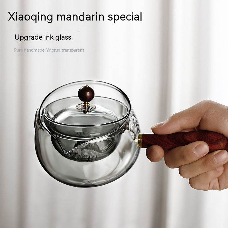 Semi-automatic Rotary Heat-resistant Glass Teapot Lazy Tea Making With Infuser And Wooden Handle Office Home Accessories Kitchen Gadgets - Mubimart