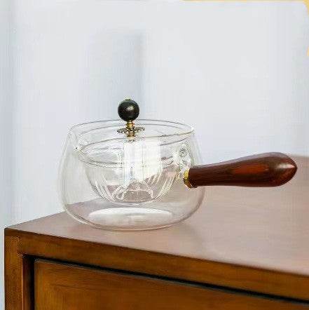 Semi-automatic Rotary Heat-resistant Glass Teapot Lazy Tea Making With Infuser And Wooden Handle Office Home Accessories Kitchen Gadgets - Mubimart