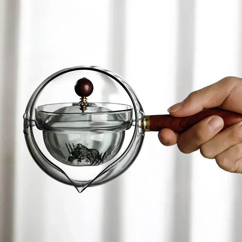 Semi-automatic Rotary Heat-resistant Glass Teapot Lazy Tea Making With Infuser And Wooden Handle Office Home Accessories Kitchen Gadgets - Mubimart