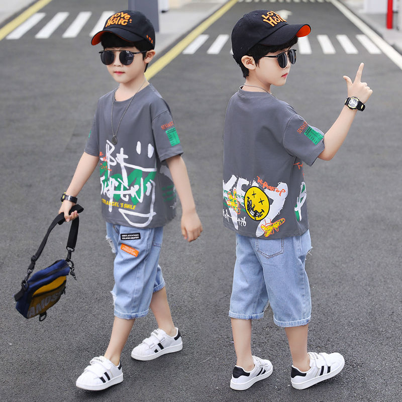 Short-sleeved T-shirt Boy Western Style Two-piece Suit, Big Boy Trend - Mubimart - Baby Cloth 