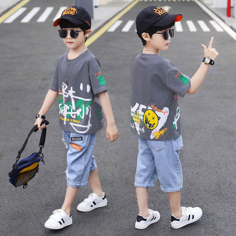 Short-sleeved T-shirt Boy Western Style Two-piece Suit, Big Boy Trend - Mubimart