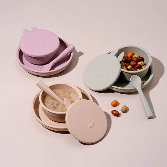 Silicone Baby Dinner Plate Complementary Food Rabbit Bowl Three-piece Set - Mubimart