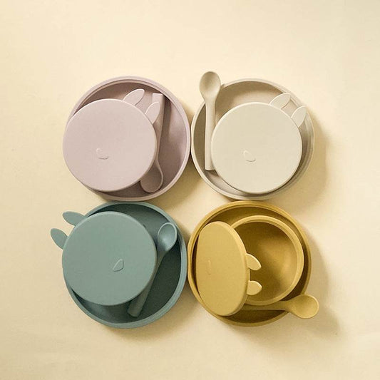 Silicone Baby Dinner Plate Complementary Food Rabbit Bowl Three-piece Set - Mubimart